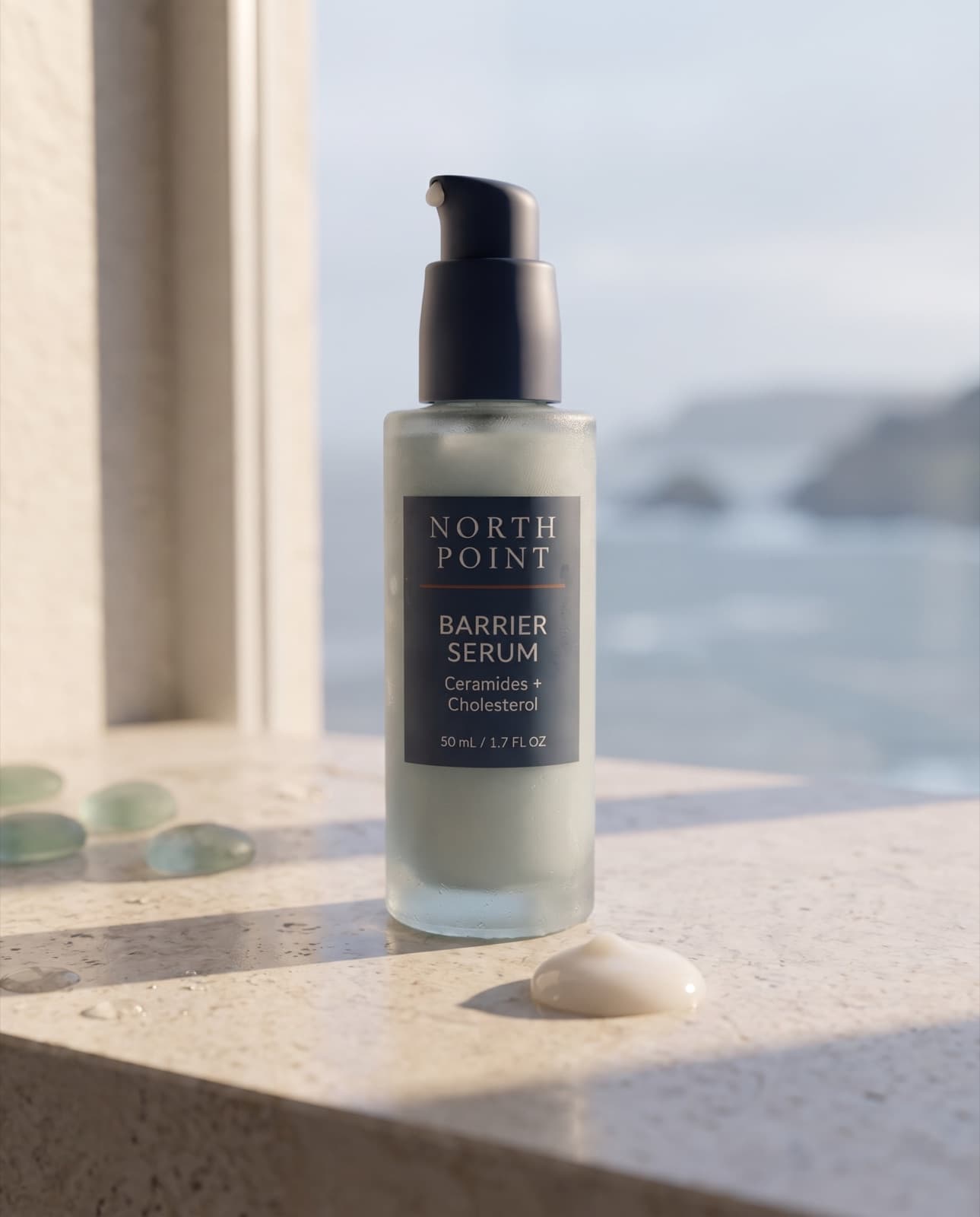 Barrier Serum with a pearl of serum on a sunlit limestone sill
