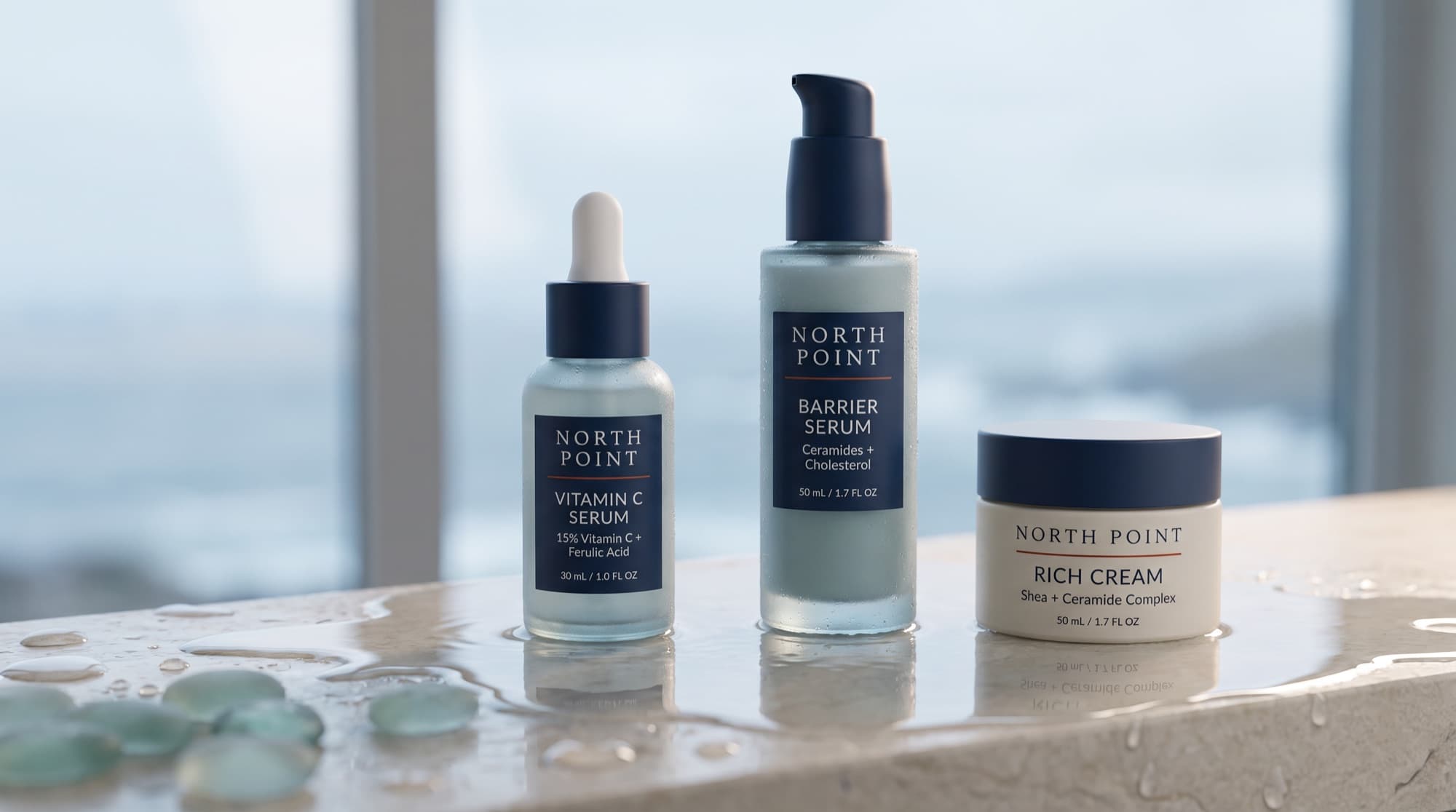 Vitamin C Serum, Barrier Serum and Rich Cream on a wet limestone ledge by a window