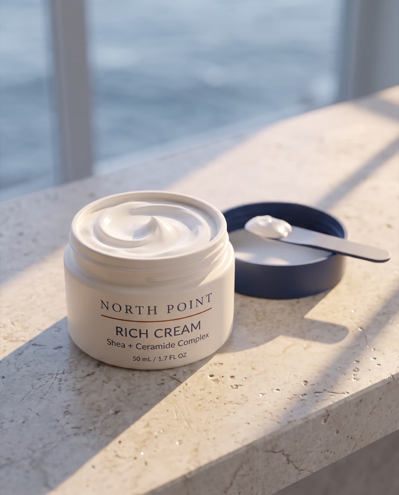 An open jar of Rich Cream with its lid and a spatula on a limestone ledge